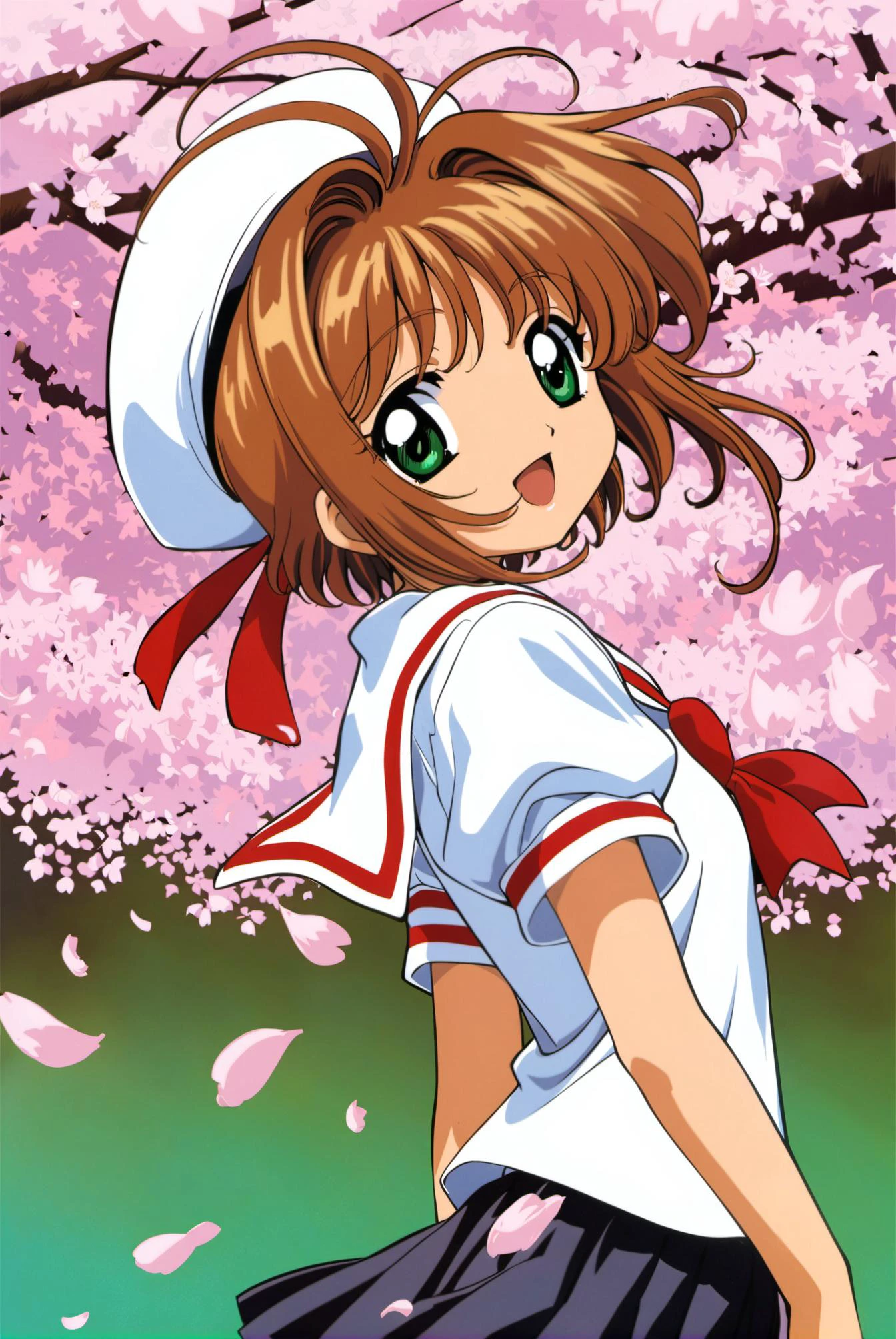 1girl, kinomoto sakura, solo,tomoeda  uniform, green eyes, brown hair, skirt, school uniform, open mouth, hat, short sleeves, short hair, looking at viewer, smile, petals, puffy sleeves, black skirt, puffy short sleeves, antenna hair, white headwear, looking back, cherry blossoms, sailor collar, :d, white shirt, shirt, bangs, arms behind back,<lora:Card Captor Sakura Anime_XL:0.8>