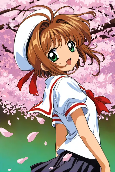 1girl, kinomoto sakura, solo,tomoeda elementary school uniform, green eyes, brown hair, skirt, school uniform, open mouth, hat, short sleeves, short hair, looking at viewer, smile, petals, puffy sleeves, black skirt, puffy short sleeves, antenna hair, white headwear, looking back, cherry blossoms, sailor collar, :d, white shirt, shirt, bangs, arms behind back,<lora:Card Captor Sakura Anime_XL:0.8>