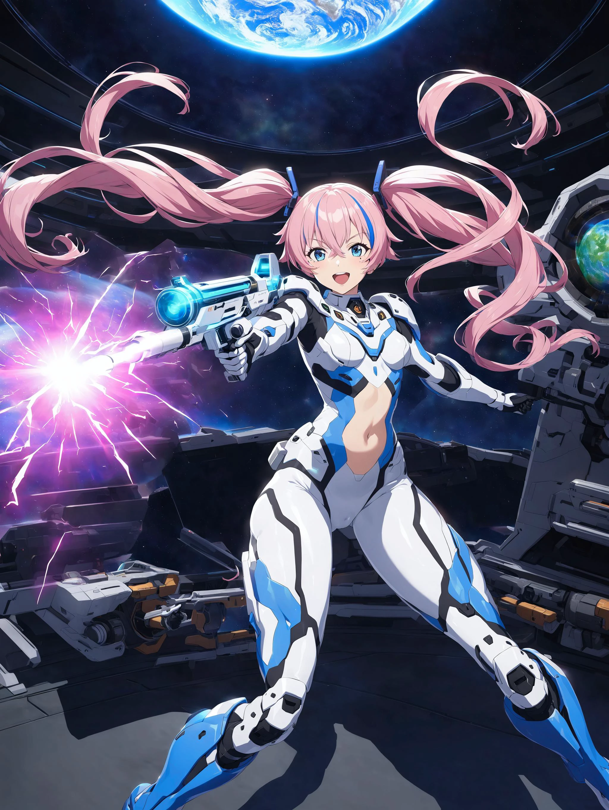 roxy migurdia, twintails, pink hair, multicolored hair, white hair:1.2,<lora:mushokutensei_roxymigurdia_xl-000004:0.4>, 1girl,plugsuit, facing viewer, reverse leotard, navel cutout,white bodystocking, holding laser rifle, wrinkled fabric, shiny skin, shiny clothes, skindentation, space station, science fiction, shoulder armor, armored boots, mechanical wings, pointing weapon, laughing, open mouth, lips, mole under eye, science fiction, heads-up display, sunlight, sunbeam, space, spacecraft, floating hair, heads-up display, hologram, holographic monitor, blue hair, planet, aurora, black hole, nebula, railgun, dyson sphere, vibrant colors, depth of field, rocket ship, rockets, indoors, window, shadow, cockpit, mecha, mechanical parts, neon genesis evangelion, hip vent, firing, vfx, shockwave, electricity, energy, power lines, game cg, jewelry, gem, neon palette, refraction, reflective floor, reflection,