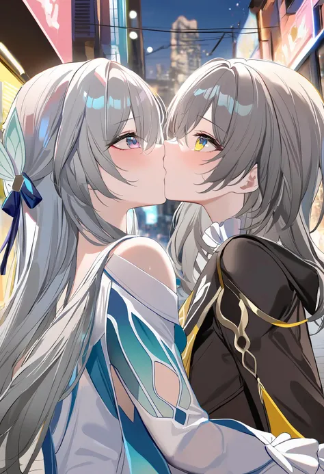 2girls,<lora:firefly_newæµè¤v2.0XL:1>,(firefly \(honkai: star rail\):1.1),[[[[headband]]]],grey hair,purple eyes,blue eyes,white flower,from behind,(stare down:1.3),kiss,(looking at each other:1.2),honkai: star rail,trailblazer \(honkai: star rail\),(stelle \(honkai: star rail\):1.1),smile,bokeh,(mutual hug:1.1),shiny skin,(Upper body lens:1.2),(neon lights:1.2),(street:1.2),masterpiece,best quality,amazing quality,very aesthetic,absurdres,wlop,ask (askzy),(artist:pottsness:0.75),[[chen bin]],[omone hokoma agm],torino aqua,blue theme