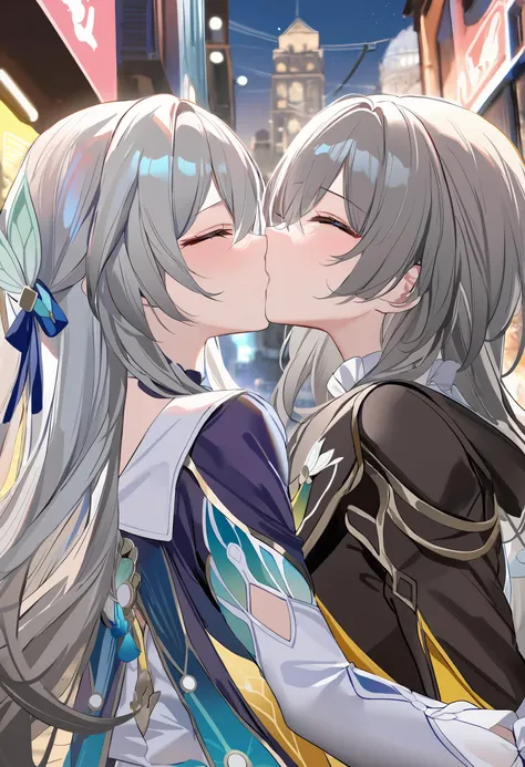 2girls,(closed eyes:1.3),<lora:firefly_newæµè¤v2.0XL:1>,(firefly \(honkai: star rail\):1.1),[[[[headband]]]],grey hair,purple eyes,blue eyes,white flower,from behind,(stare down:1.3),kiss,(looking at each other:1.2),honkai: star rail,trailblazer \(honkai: star rail\),(stelle \(honkai: star rail\):1.1),smile,bokeh,(mutual hug:1.1),shiny skin,(Upper body lens:1.2),(neon lights:1.2),(street:1.2),masterpiece,best quality,amazing quality,very aesthetic,absurdres,wlop,ask (askzy),(artist:pottsness:0.75),[[chen bin]],[omone hokoma agm],torino aqua,blue theme