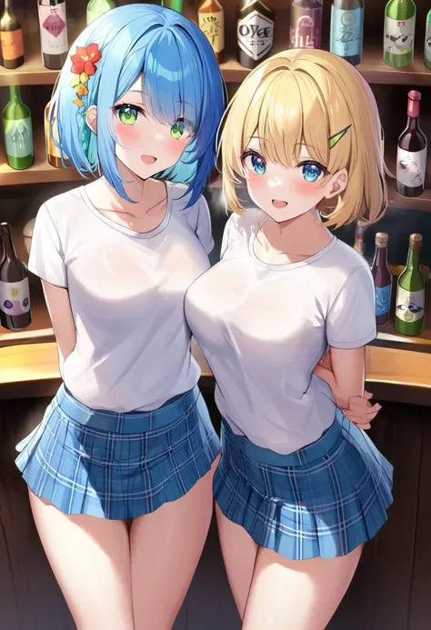 2girls, bar, arms behind back, bangs, blonde hair, blue eyes, blue hair, blush, bottle, collarbone, cup, eyebrows visible through hair, green eyes, hair between eyes, hair ornament, medium breasts, long hair, looking at viewer, mole, multiple girls, open mouth, shirt, short hair, skirt, smile, standing, thighs, white shirt