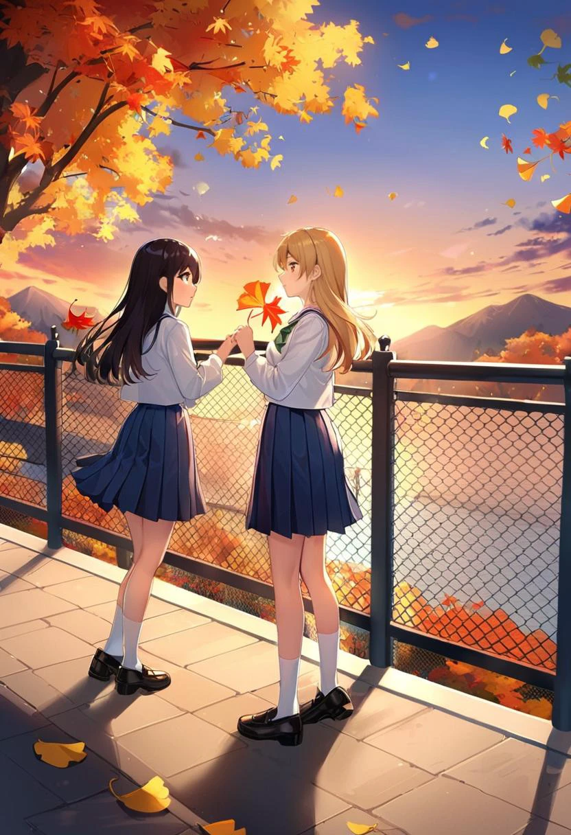 2girls, autumn, autumn leaves, black footwear, black hair, black skirt, blonde hair, blue skirt, blue sky, bridge, building, chain-link fence, cloud, cloudy sky, day, evening, eye contact, facing away, falling leaves, fence, ginkgo leaf, gradient sky, holding leaf, lamppost, leaf, loafers, long hair, long sleeves, looking at another, maple leaf, mountain, mountainous horizon, multiple girls, orange sky, outdoors, park, pleated skirt, profile, railing, scenery, school uniform, shirt, shoes, skirt, sky, socks, standing, sunset, tree, twilight, utility pole, water, white shirt