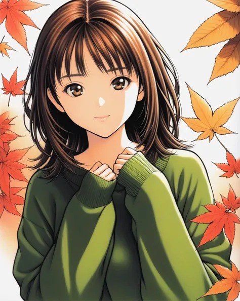 Yoshizuki iori,1girl,solo,brown eyes,sweater,brown hair,looking at viewer,leaf,autumn leaves,green sweater,long sleeves,upper body,bangs,autumn,sleeves past wrists,long hair,medium hair,maple leaf,traditional media,<lora:Katsura Masakazu_XL_V2:0.8>,