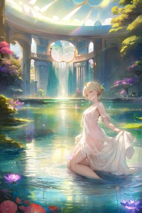 2girls,(masterpiece:1.2),best quality,multicolored,masterpiece,best quality,((an extremely delicate and beautiful)),floating,(detailed wet clothes),(detailed light),feather,nature,(sunlight),river,floating palace,beautiful and delicate water,(bloom),(shine),colourful,panorama,landscape,Colorful portraits,