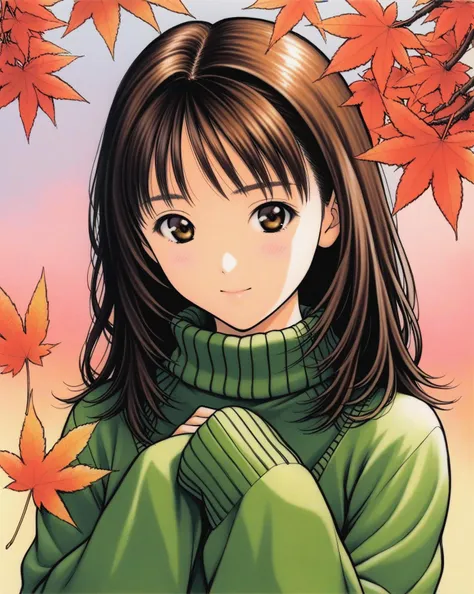 Yoshizuki iori,1girl,solo,brown eyes,sweater,brown hair,looking at viewer,leaf,autumn leaves,green sweater,long sleeves,upper body,bangs,autumn,sleeves past wrists,long hair,medium hair,maple leaf,traditional media,<lora:Katsura Masakazu_XL_V2:0.8>,