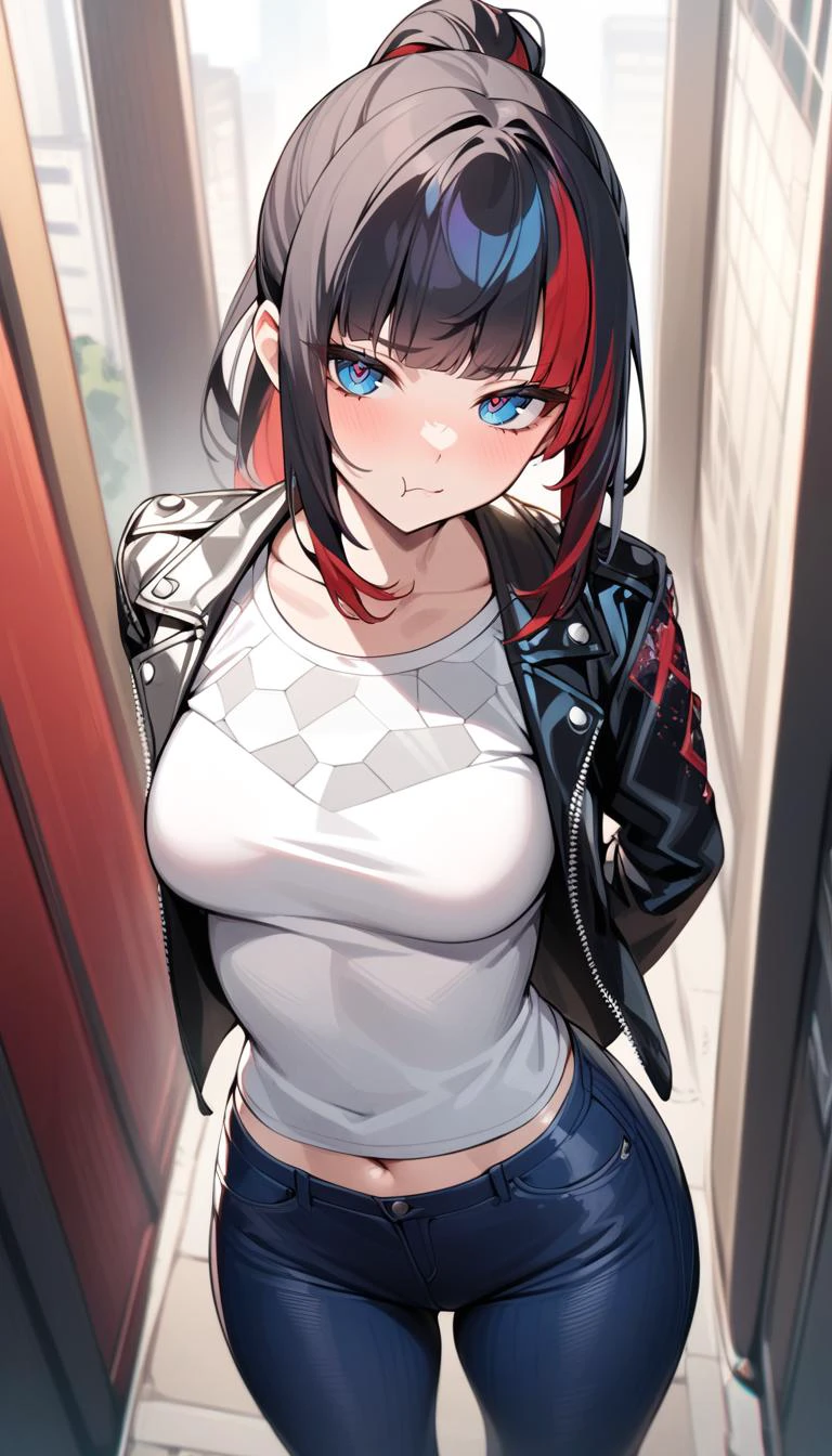 1girl, adult,
medium black hair, ponytail, diagonal bangs, multicolored hair, red hair outline, blue eyes, sad expression, :t, pout, medium breasts, extreme detailed skin,
white t-shirt with a print, hexagon pattern print, leather jacket with spikes, tight jeans, detailed clothes texture,
masterpiece, standing, arms behind back, looking at viewer, city street background, detailed background, from above, face closeup