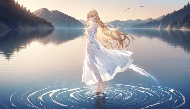 1girl, adult,
long blonde hair, blue eyes, indifferent expression, medium breasts, extreme detailed skin,
white see-through long dress, long plume, detailed clothes texture, bare feet
masterpiece, walking on water, looking at viewer, lake background, beautiful nature background, water swirls, detailed background, full body, from side