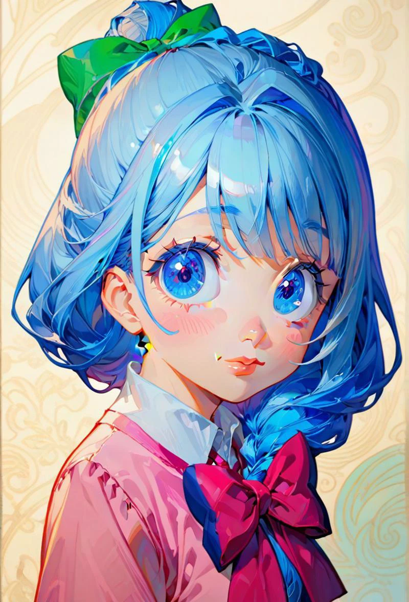 (1girl, solo, facing viewer, , , , perfecteyes, (bulm4_0r1g1n4l_0ut1f1t, pink clothe, blue eyes, blue hair, bow on head:1.3):1.3), zPDXL3 ,SimplePositiveXLv2, masterpiece, best quality, high res, illustration, extremely detailed, 8k, wallpaper