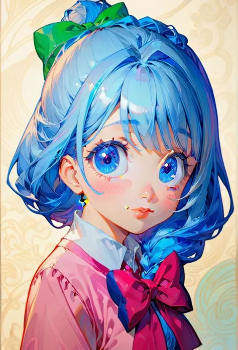 (1girl, solo, facing viewer, , , , perfecteyes, (bulm4_0r1g1n4l_0ut1f1t, pink clothe, blue eyes, blue hair, bow on head:1.3):1.3), zPDXL3 ,SimplePositiveXLv2, masterpiece, best quality, high res, illustration, extremely detailed, 8k, wallpaper
