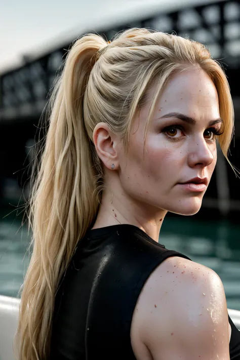 RAW, real photo portrait, annaPaq1 , on a boat, (wearing a wet black t-shirt), pretty face, insanely detailed eyes, light blonde hair, high ponytail, bokeh, natural light, depth of field, golden hour, sharp focus