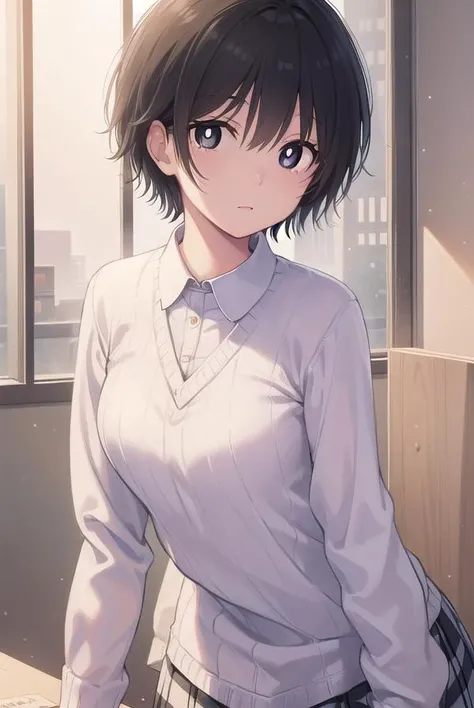 tsubomiharuno, <lora:tsubomi haruno manga-lora-nochekaiser:1>,
tsubomi haruno, short hair, black hair, (black eyes:1.5), (bright pupils:1.5),
BREAK skirt, plaid, plaid skirt, sweater, long sleeves, shirt, white shirt, collared shirt, (white sweater:1.5),
BREAK indoors, classroom,
BREAK looking at viewer, (cowboy shot:1.5),
BREAK <lyco:GoodHands-beta2:1>, (masterpiece:1.2), best quality, high resolution, unity 8k wallpaper, (illustration:0.8), (beautiful detailed eyes:1.6), extremely detailed face, perfect lighting, extremely detailed CG, (perfect hands, perfect anatomy),