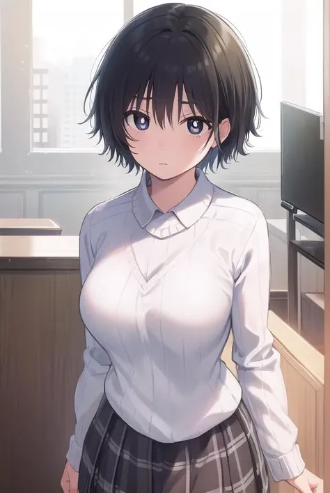 tsubomiharuno, <lora:tsubomi haruno manga-lora-nochekaiser:1>,
tsubomi haruno, short hair, black hair, (black eyes:1.5), (bright pupils:1.5),
BREAK skirt, plaid, plaid skirt, sweater, long sleeves, shirt, white shirt, collared shirt, (white sweater:1.5),
BREAK indoors, classroom,
BREAK looking at viewer, (cowboy shot:1.5),
BREAK <lyco:GoodHands-beta2:1>, (masterpiece:1.2), best quality, high resolution, unity 8k wallpaper, (illustration:0.8), (beautiful detailed eyes:1.6), extremely detailed face, perfect lighting, extremely detailed CG, (perfect hands, perfect anatomy),