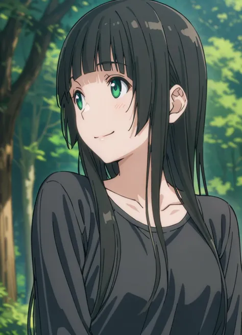 kowata makoto,1girl, solo, green eyes, black hair, long hair, tree, nature, forest, collarbone, smile, bangs, outdoors, upper body, looking to the side, blunt bangs, black shirt,long sleeves,smile,
masterpiece, best quality,newset,
<lora:kowata makoto A31 e1-000010:0.75>