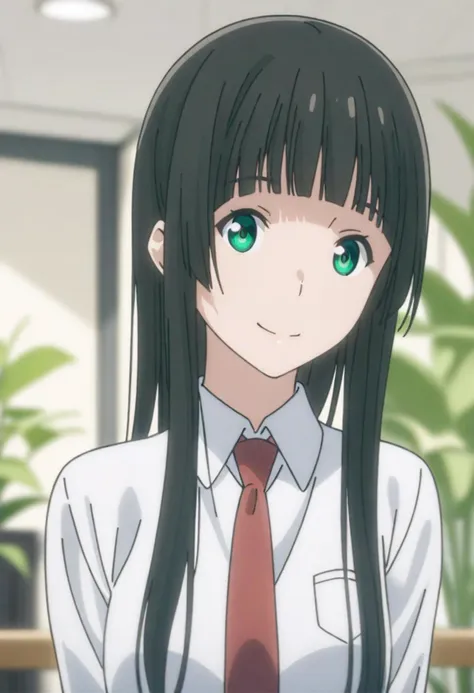 kowata makoto,1girl, solo, necktie, green eyes, black hair, long hair, shirt, smile, bangs, looking at viewer, white shirt, school uniform, blunt bangs, upper body, red necktie, blurry, collared shirt, blurry background, indoors, closed mouth, plant, sidelocks, straight hair,
masterpiece, best quality,newset,
<lora:kowata makoto A31 e1-000008:0.85>