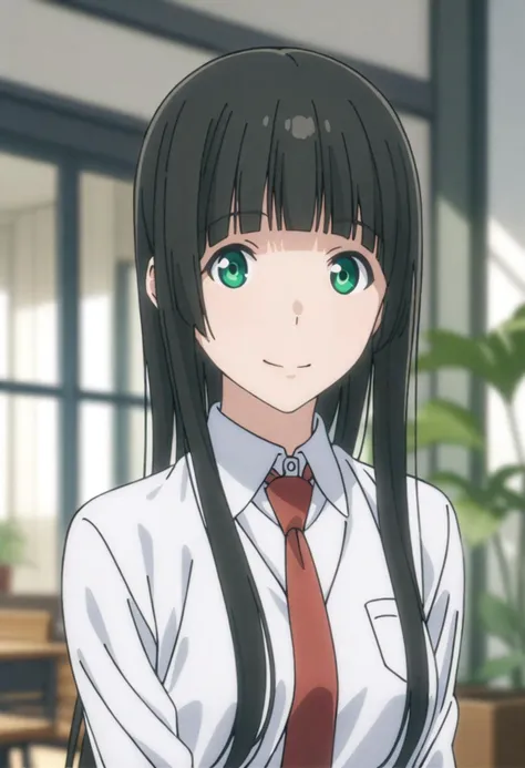 kowata makoto,1girl, solo, necktie, green eyes, black hair, long hair, shirt, smile, bangs, looking at viewer, white shirt, school uniform, blunt bangs, upper body, red necktie, blurry, collared shirt, blurry background, indoors, closed mouth, plant, sidelocks, straight hair,
masterpiece, best quality,newset,
<lora:kowata makoto A31 e1-000010:0.75>