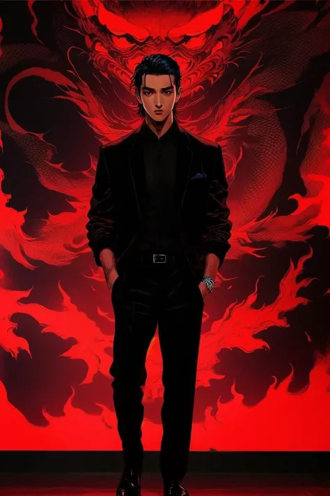 (1boy:1.5), (Pure black suit), cinematic lighting, UHD, anatomically correct, best quality, super detail, 8k,full body, masterpiece, best quality,
black_hair, solo, 1boy, male_focus,red_background,Japanese-style murals