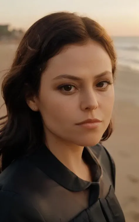 waist up closeup of sgwver wearing an elegant [black] outfit, beach at sunrise, [brown] hairdo, <lyco:SgWver_v2_locon_64_64: 1.3>