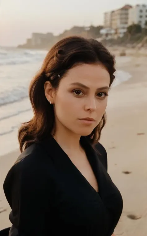 waist up closeup of sgwver wearing an elegant [black] outfit, beach at sunrise, [brown] hairdo, <lyco:SgWver_v2_locon_64_64: 1.3>