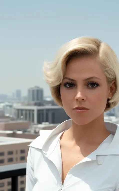 waist up closeup of sgwver wearing a white outfit, a rooftop penthouse at noon, short [blonde] hair, <lyco:SgWver_v2_locon_64_64: 1.1>