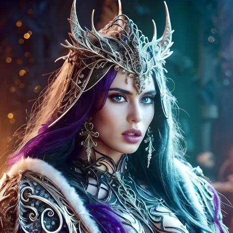 (masterpiece:1.2), (best quality,:1.2), 8k, HDR, ultra detailed, ((photorealistic)), perfect anatomy, professional light, cinematic lighting, fashion photography, ambient lighting,<lora:detail_slider_v4:3>, a beautiful female darkelf sorceress, earrings, messy ((white)) hair, dark makeup, dark purple skin, violet eyes, ((cowboy shot)), wearing intricate darkelf robes and black cape, headdress, belt, jewelry, armlets, DarElAr, <lora:DarkElfArmor-10:0.7>, in a fantasy underground! magical temple, ((perfect hands)), in the style of Warhammer fantasy, <lora:DonM3lv3nM4g1c-000005:0.8>, DonM3lv3nM4g1c, epiCPhoto