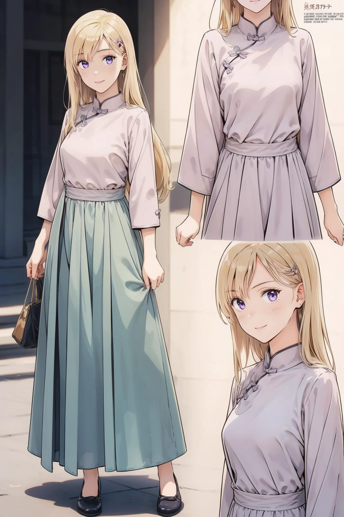 8k high quality detailed,highres,comic,anime,detailed image,
(an illustration of a age girl posing,magazine_sheet, (an illustration of girl,teengirl)),(magazine_illustration),(multiple view manuscript),
(,ayase saki,1girl,blonde hair,long hair,purple eyes),(Alluring Smile),((Posing on tiptoes with arms outstretched, reaching for the sky,):0.5),detailed_face,realistic_skin_texture,
(,china_dress,dress,long sleeves,loose_fitting),realistic clothing texture,<lora:Ayase_Saki:0.6>,<lora:QiPao2:0.7>