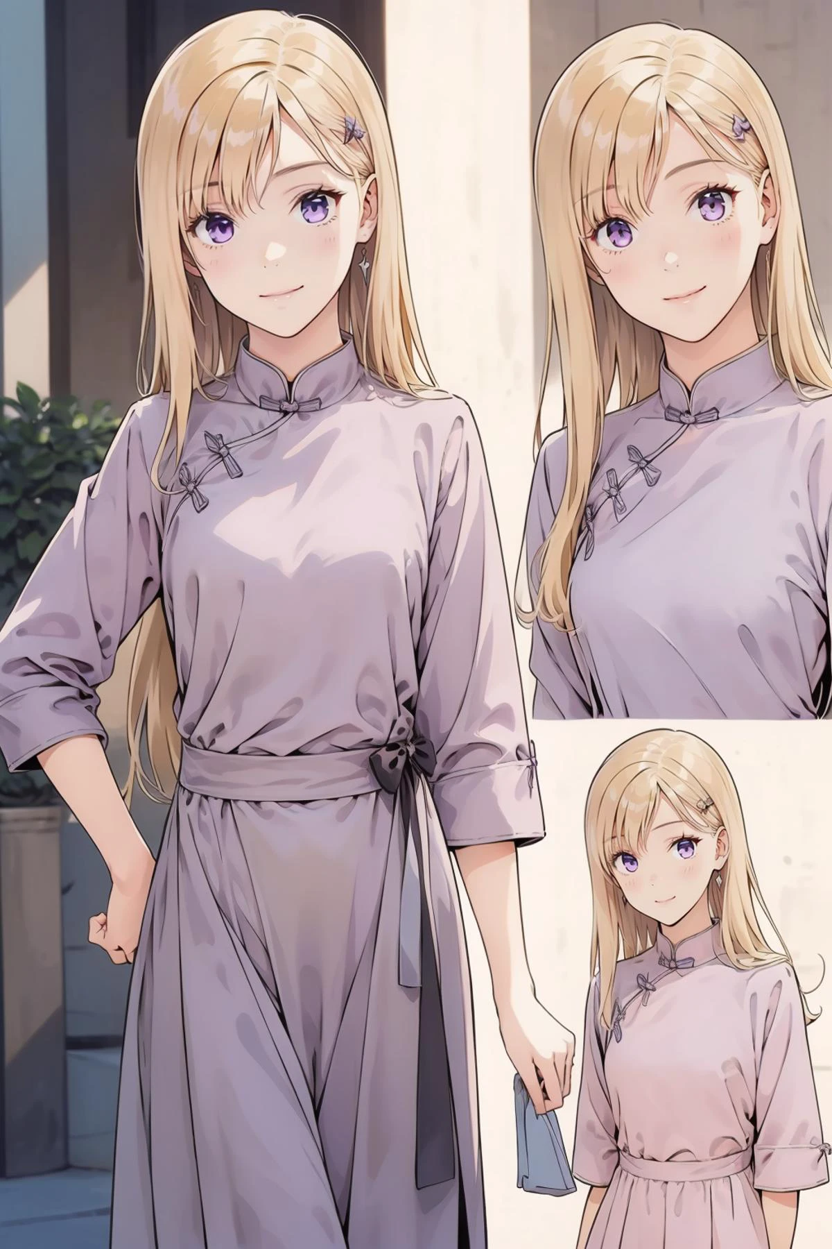 8k high quality detailed,highres,comic,anime,detailed image,
(an illustration of a age girl posing,magazine_sheet, (an illustration of girl,teengirl)),(magazine_illustration),(multiple view manuscript),
(,ayase saki,1girl,blonde hair,long hair,purple eyes),(Tender Smile),((rolling around):0.5),detailed_face,realistic_skin_texture,
(,china_dress,dress,long sleeves,loose_fitting),realistic clothing texture,<lora:Ayase_Saki:0.6>,<lora:QiPao2:0.7>