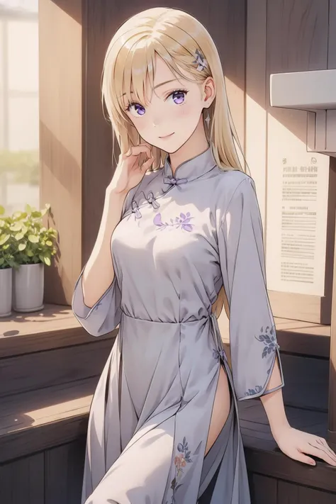 8k high quality detailed,highres,comic,anime,detailed image,
(an illustration of a teenage girl posing,magazine_sheet, (an illustration of girl,teenage girl)),(magazine_illustration),(multiple view manuscript),
(,ayase saki,1girl,blonde hair,long hair,purple eyes),(Dampened Smile),((sitting with hands around her ankles):0.5),detailed_face,realistic_skin_texture,
(,china_dress,dress,long sleeves,loose_fitting),realistic clothing texture,<lora:Ayase_Saki:0.6>,<lora:QiPao2:0.7>