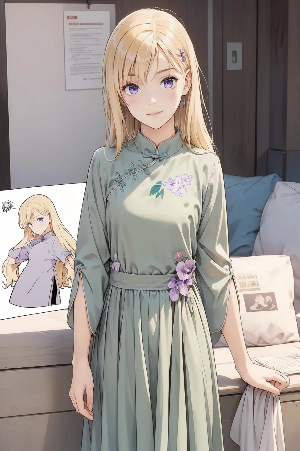 8k high quality detailed,highres,comic,anime,detailed image,
(an illustration of a age girl posing,magazine_sheet, (an illustration of girl,teengirl)),(magazine_illustration),(multiple view manuscript),
(,ayase saki,1girl,blonde hair,long hair,purple eyes),(Strained Smile),((cunnilingus gesture):0.5),detailed_face,realistic_skin_texture,
(,china_dress,dress,long sleeves,loose_fitting),realistic clothing texture,<lora:Ayase_Saki:0.6>,<lora:QiPao2:0.7>