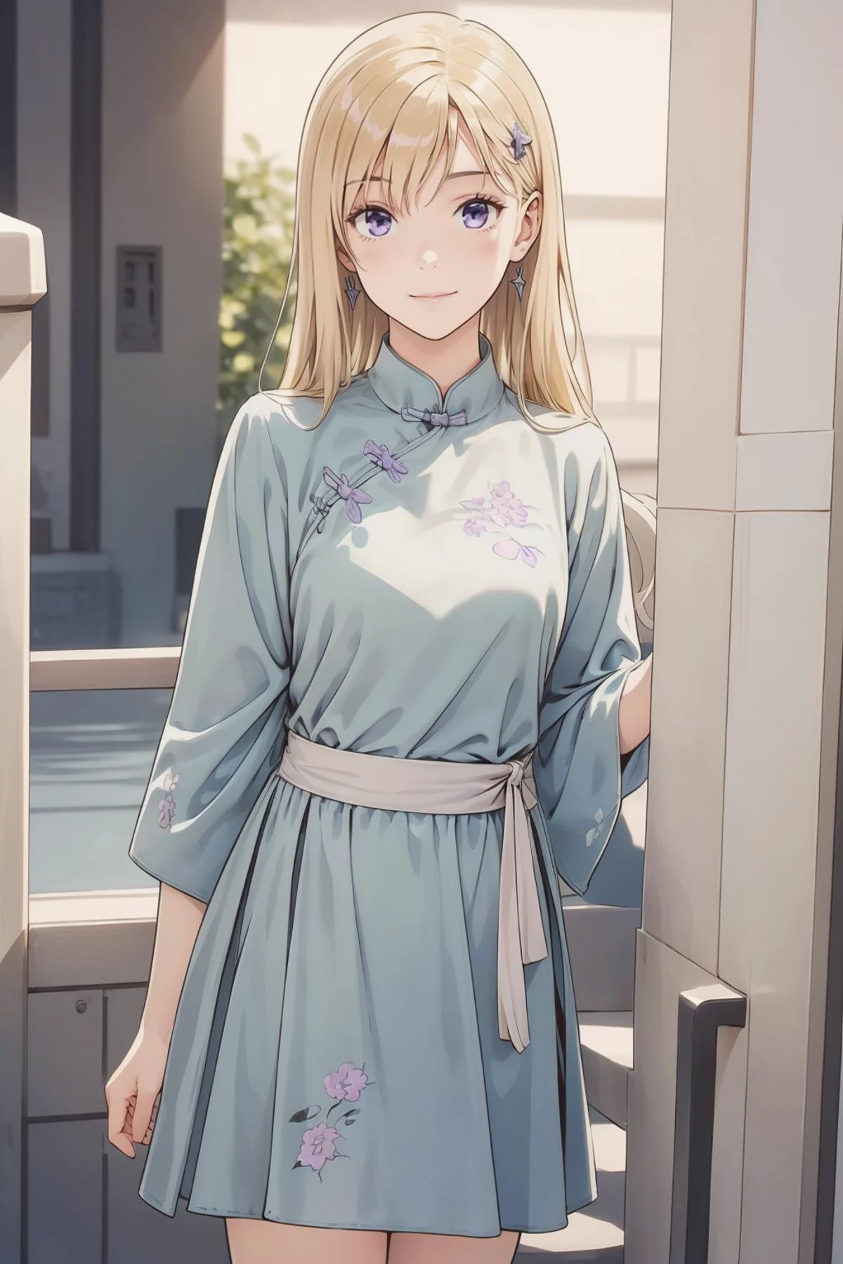 8k high quality detailed,highres,comic,anime,detailed image,
(an illustration of a age girl posing,magazine_sheet, (an illustration of girl,teengirl)),(magazine_illustration),(multiple view manuscript),
(,ayase saki,1girl,blonde hair,long hair,purple eyes),(Strained Smile),((Walking with one hand touching a wall,):0.5),detailed_face,realistic_skin_texture,
(,china_dress,dress,long sleeves,loose_fitting),realistic clothing texture,<lora:Ayase_Saki:0.6>,<lora:QiPao2:0.7>