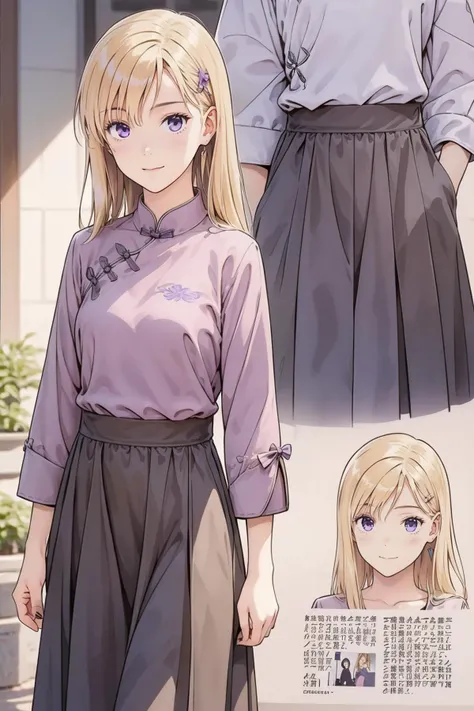 8k high quality detailed,highres,comic,anime,detailed image,
(an illustration of a teenage girl posing,magazine_sheet, (an illustration of girl,teenage girl)),(magazine_illustration),(multiple view manuscript),
(,ayase saki,1girl,blonde hair,long hair,purple eyes),(Wistful Smile),((from above,go up the stairs):0.5),detailed_face,realistic_skin_texture,
(,china_dress,dress,long sleeves,loose_fitting),realistic clothing texture,<lora:Ayase_Saki:0.6>,<lora:QiPao2:0.7>