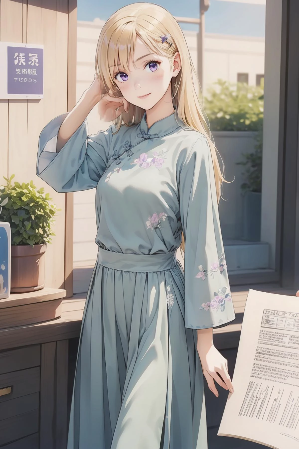 8k high quality detailed,highres,comic,anime,detailed image,
(an illustration of a age girl posing,magazine_sheet, (an illustration of girl,teengirl)),(magazine_illustration),(multiple view manuscript),
(,ayase saki,1girl,blonde hair,long hair,purple eyes),(Evil Smile),((oral simulation):0.5),detailed_face,realistic_skin_texture,
(,china_dress,dress,long sleeves,loose_fitting),realistic clothing texture,<lora:Ayase_Saki:0.6>,<lora:QiPao2:0.7>
