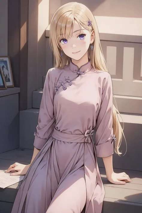 8k high quality detailed,highres,comic,anime,detailed image,
(an illustration of a teenage girl posing,magazine_sheet, (an illustration of girl,teenage girl)),(magazine_illustration),(multiple view manuscript),
(,ayase saki,1girl,blonde hair,long hair,purple eyes),(Playful Smile),((Sitting on a staircase, head tilted, looking playful and mischievous,):0.5),detailed_face,realistic_skin_texture,
(,china_dress,dress,long sleeves,loose_fitting),realistic clothing texture,<lora:Ayase_Saki:0.6>,<lora:QiPao2:0.7>