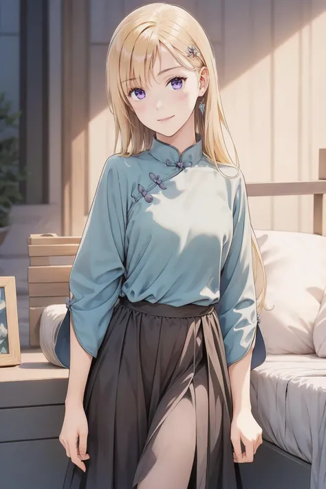 8k high quality detailed,highres,comic,anime,detailed image,
(an illustration of a teenage girl posing,magazine_sheet, (an illustration of girl,teenage girl)),(magazine_illustration),(multiple view manuscript),
(,ayase saki,1girl,blonde hair,long hair,purple eyes),(Sweet Smile),((sitting):0.5),detailed_face,realistic_skin_texture,
(,china_dress,dress,long sleeves,loose_fitting),realistic clothing texture,<lora:Ayase_Saki:0.6>,<lora:QiPao2:0.7>
