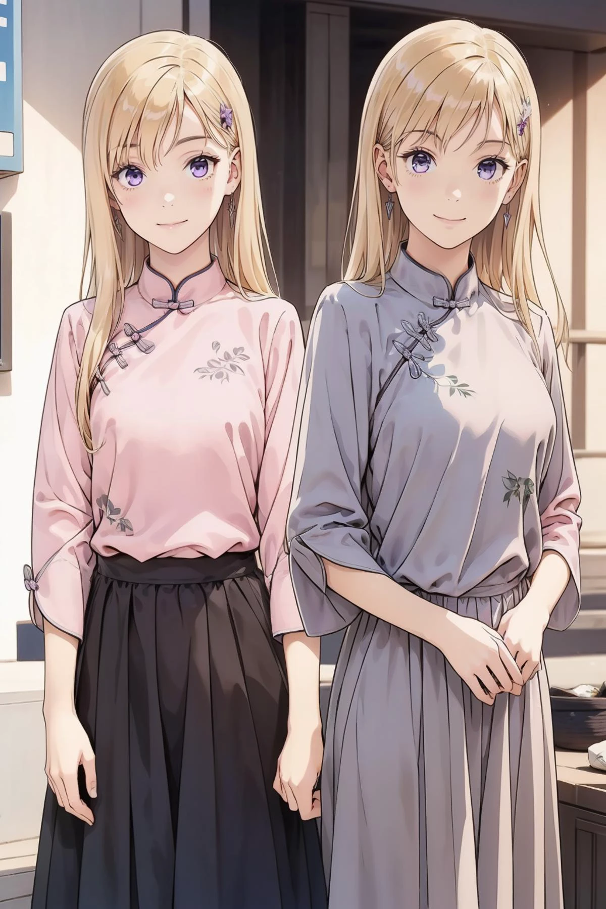 8k high quality detailed,highres,comic,anime,detailed image,
(an illustration of a age girl posing,magazine_sheet, (an illustration of girl,teengirl)),(magazine_illustration),(multiple view manuscript),
(,ayase saki,1girl,blonde hair,long hair,purple eyes),(Ethusiastic Smile),((arms at her side):0.5),detailed_face,realistic_skin_texture,
(,china_dress,dress,long sleeves,loose_fitting),realistic clothing texture,<lora:Ayase_Saki:0.6>,<lora:QiPao2:0.7>