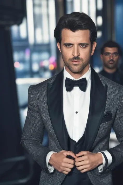 RAW face closeup portrait of geroimparable person wearing a tuxedo, professional photography, in blade runner, high resolution, 4k, 50mm, vaporwave, photo by Brooke Shaden, close portrait, hrithik <lora:hrithik_model-000061:0.95>