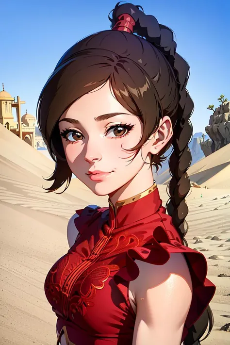 ultra realistic 8k cg, masterpiece, ((ultra detailed background, delicate pattern, intricate detail, highly detailed, fine details best quality, hyperdetailed face)), (photorealistic:1.4),beautiful lighting, absurdres, RAW photo, film grain, TyLee, 1girl, solo, brown hair, braid, smile, long hair, brown eyes, navel, midriff, braided ponytail, (pants, arabic dancer outfit, red clothing), ((complex detailed background, sand, outside, desert background, blue sky, tavern)), ((close-up, portrait)), <lora:TyLee:0.8>