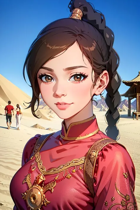 ultra realistic 8k cg, masterpiece, ((ultra detailed background, delicate pattern, intricate detail, highly detailed, fine details best quality, hyperdetailed face)), (photorealistic:1.4),beautiful lighting, absurdres, RAW photo, film grain, TyLee, 1girl, solo, brown hair, braid, smile, long hair, brown eyes, navel, midriff, braided ponytail, (pants, arabic dancer outfit, red clothing), ((complex detailed background, sand, outside, desert background, blue sky, tavern)), ((close-up, portrait)), <lora:TyLee:0.8>