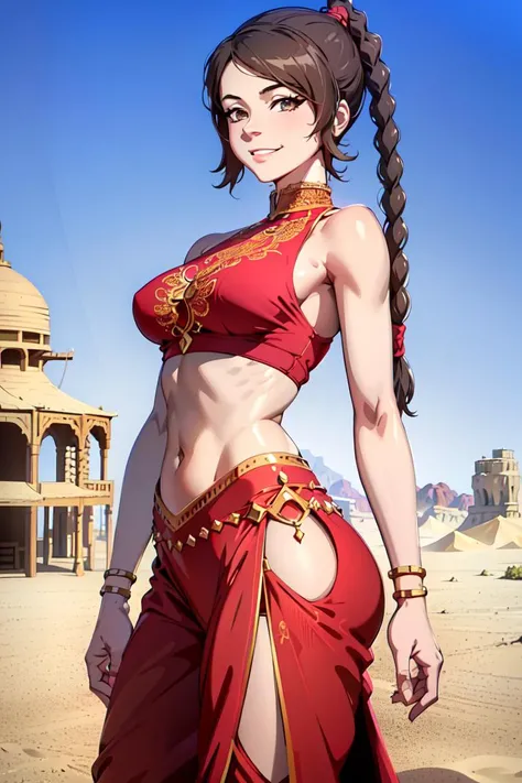 ultra realistic 8k cg, masterpiece, ((ultra detailed background, delicate pattern, intricate detail, highly detailed, fine details best quality, hyperdetailed face)), (photorealistic:1.4),beautiful lighting, absurdres, RAW photo, film grain, TyLee, 1girl, solo, brown hair, braid, smile, long hair, brown eyes, navel, midriff, braided ponytail, (pants, arabic dancer outfit, red clothing), ((complex detailed background, sand, outside, desert background, blue sky, tavern)), ((small breasts, slim girl, cowboy shot, showing ass, covered lower body)), <lora:TyLee:0.8>