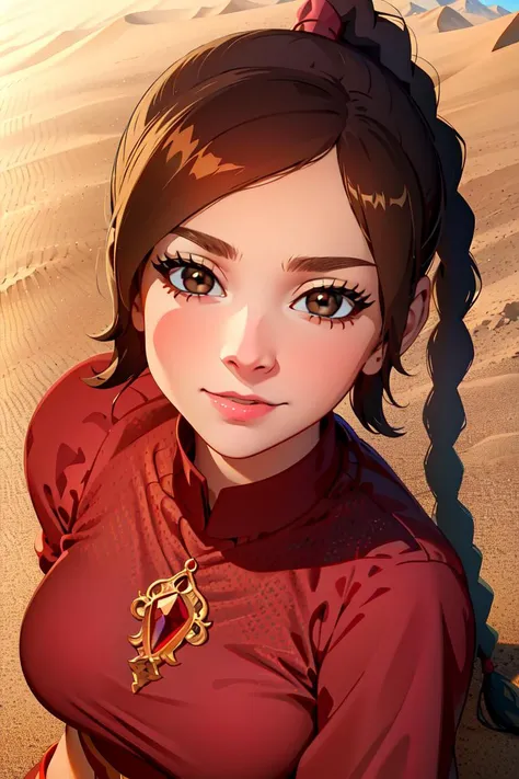 ultra realistic 8k cg, masterpiece, ((ultra detailed background, delicate pattern, intricate detail, highly detailed, fine details best quality, hyperdetailed face)), (photorealistic:1.4),beautiful lighting, absurdres, RAW photo, film grain, TyLee, 1girl, solo, brown hair, braid, smile, long hair, brown eyes, navel, midriff, braided ponytail, (pants, arabic dancer outfit, red clothing), ((complex detailed background, sand, outside, desert background, blue sky, tavern)), ((close-up, portrait)), <lora:TyLee:0.8>