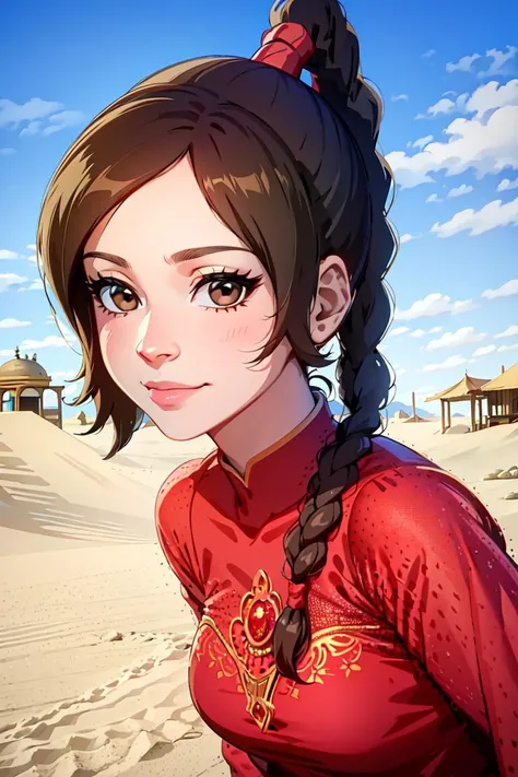 ultra realistic 8k cg, masterpiece, ((ultra detailed background, delicate pattern, intricate detail, highly detailed, fine details best quality, hyperdetailed face)), (photorealistic:1.4),beautiful lighting, absurdres, RAW photo, film grain, TyLee, 1girl, solo, brown hair, braid, smile, long hair, brown eyes, navel, midriff, braided ponytail, (pants, arabic dancer outfit, red clothing), ((complex detailed background, sand, outside, desert background, blue sky, tavern)), ((close-up, portrait)), <lora:TyLee:0.8>
