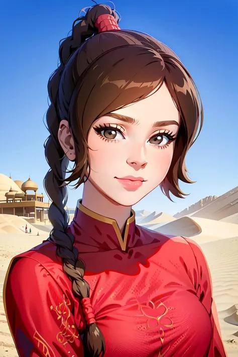 ultra realistic 8k cg, masterpiece, ((ultra detailed background, delicate pattern, intricate detail, highly detailed, fine details best quality, hyperdetailed face)), (photorealistic:1.4),beautiful lighting, absurdres, RAW photo, film grain, TyLee, 1girl, solo, brown hair, braid, smile, long hair, brown eyes, navel, midriff, braided ponytail, (pants, arabic dancer outfit, red clothing), ((complex detailed background, sand, outside, desert background, blue sky, tavern)), ((close-up, portrait)), <lora:TyLee:0.8>