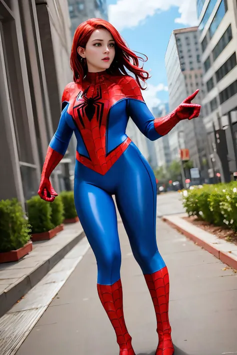 masterpiece, best quality, spider-man costume, nomask, 1girl, red hair, green eyes, standing, new york background <lora:Spider-Man Costume_v1:1>