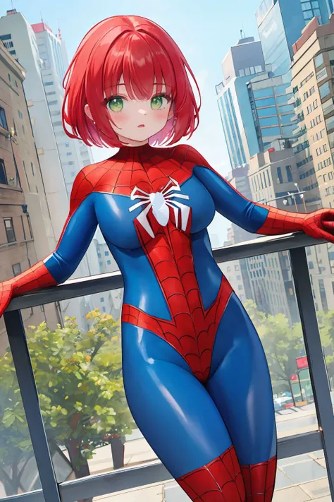 Generate a photorealistic masterpiece featuring a woman in a red and black Spider-Man suit with white streaks. She's unmasked with a pretty ginger face, korean face and body, freckles, thin waist, slender figure, small breast, squatting position, posing like spider-man crouch, sitting on the gargoyle on tallest skyscraper, city rooftop background, rooftop, overlooking the city, The wind blows, her red hair flowing elegantly, fingers spread, breast cleavage exposed in the skin-tight suit, small breast, Ensure intricate details, realistic human anatomy, doing skirtlift