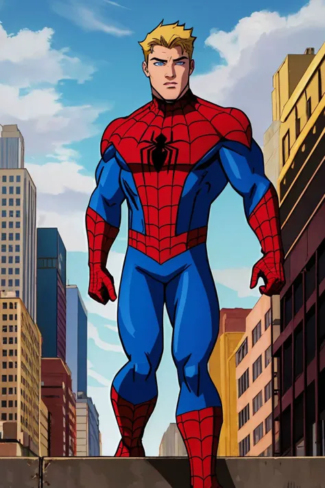 masterpiece, best quality, spider-man costume, nomask, 1boy, blonde hair, blue eyes, standing, new york background <lora:Spider-Man Costume_v1:1>