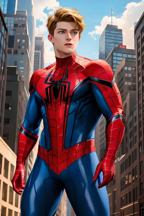masterpiece, best quality, spider-man costume, nomask, 1boy, blonde hair, blue eyes, standing, new york background <lora:Spider-Man Costume_v1:1>