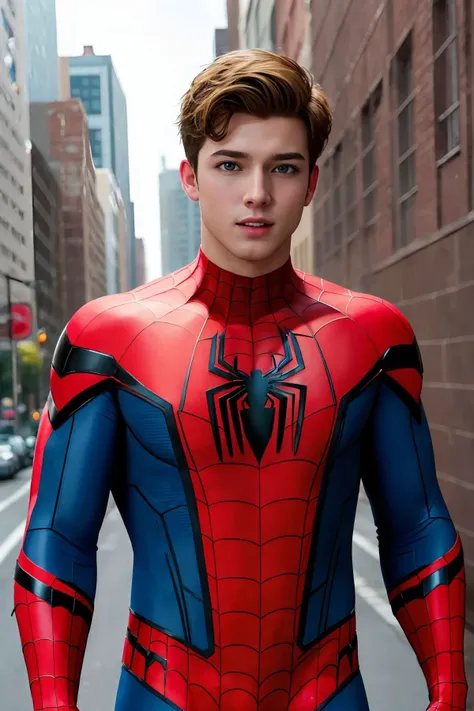 masterpiece, best quality, spider-man costume, nomask, 1boy, blonde hair, blue eyes, standing, new york background <lora:Spider-Man Costume_v1:1>