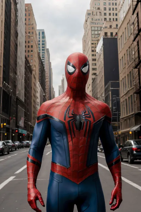 masterpiece, best quality, spider-man costume, mask, 1boy, standing, new york background <lora:Spider-Man Costume_v1:1>