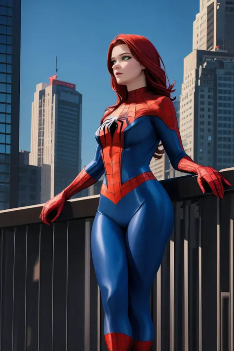 masterpiece, best quality, spider-man costume, nomask, 1girl, red hair, green eyes, standing, new york background <lora:Spider-Man Costume_v1:1>