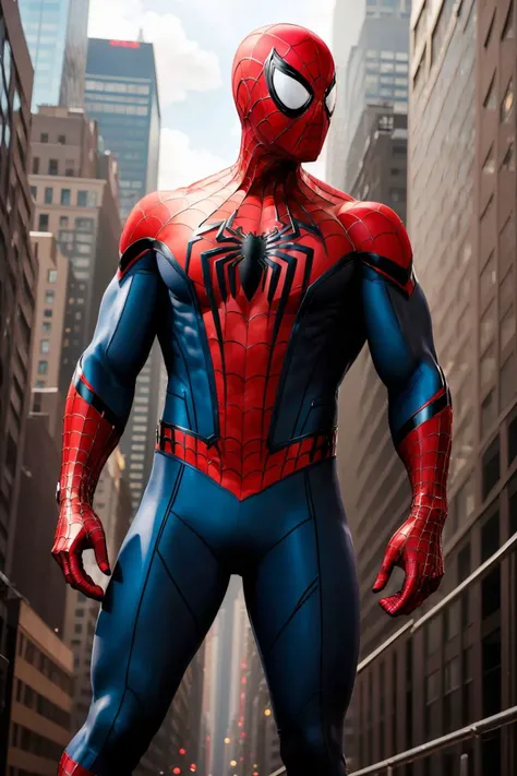 masterpiece, best quality, spider-man costume, mask, 1boy, standing, new york background <lora:Spider-Man Costume_v1:1>